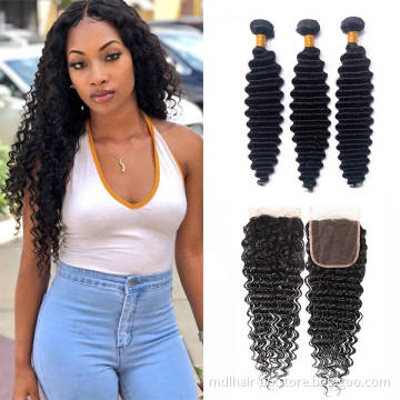 Full Cheap Brazilian Hair Bundles Deep Wave Natural Hair Extension Virgin Hair Bundles With Lace Closure